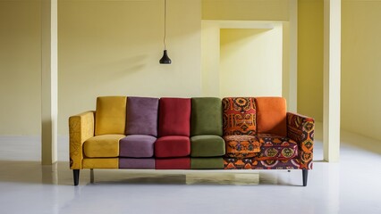 A stunning photograph of a vibrant, eclectic sofa featuring Ankara print patterns in yellow, purple, red, green, orange, and black. The sofa sits prominently against a minimalist