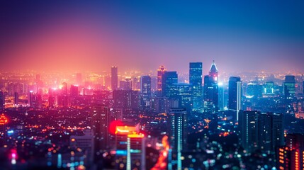 Fototapeta premium Aerial view of a city skyline at night with illuminated skyscrapers and vibrant lights
