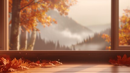 Autumn Leaves by the Window with Scenic Mountain View