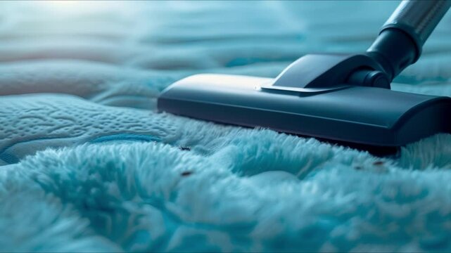 Preventing Bed Bugs: Closeup of Vacuum Cleaner Removing Them from Mattress. Concept Bed Bug Infestation, Vacuum Cleaning, Mattress Inspection, Pest Control, Prevention Measures
