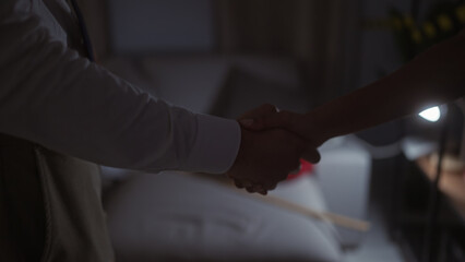 Two professionals, a woman and a man, shake hands indoors, signifying agreement or partnership.