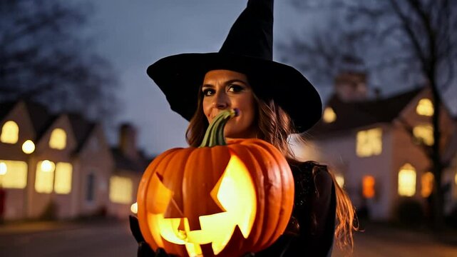 A woman in a witch costume holds a lit jack-o'-lantern in front of a house