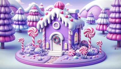 Whimsical Candy House in Snowy Wonderland with Candy Canes Perfect for Holiday Greeting Cards