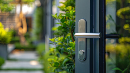 Fototapeta premium Smart Door Lock Focus on a smart door lock on a front door, with a bright background, empty space center for text 