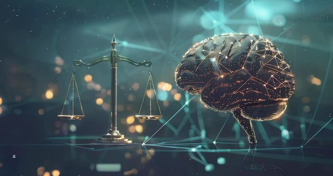 Symbolic depiction of balanced AI development through AI ethics concept with digital brain and scales. AI ethics