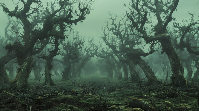 For&ecirc;t sombre, ombrageuse et myst&eacute;rieuse : paysage gothique, romantique sombre et effrayant, for&ecirc;t d'Halloween avec arbres tortur&eacute;s et brume