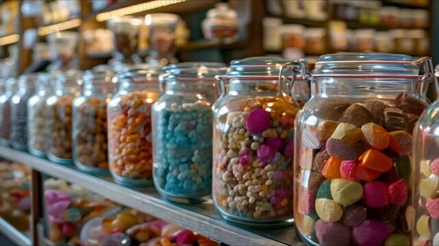 Rows of glass jars filled with vintage sweets in a candy store. Concept Candy Store, Vintage Sweets, Glass Jars, Retro Decor, Sweet Tooth
