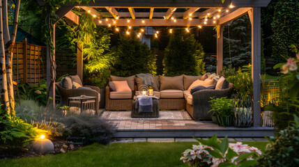 Un coin de salon extérieur confortable sous une pergola, décoré de guirlandes lumineuses et entouré de plantes verdoyantes, dans un jardin au crépuscule.