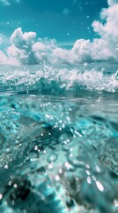 Clear light blue water wave splashing on beach. Summer holiday vacation concept sea photography