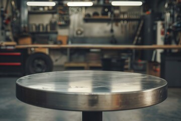 Empty round metal table in stylish garage workshop, blur background