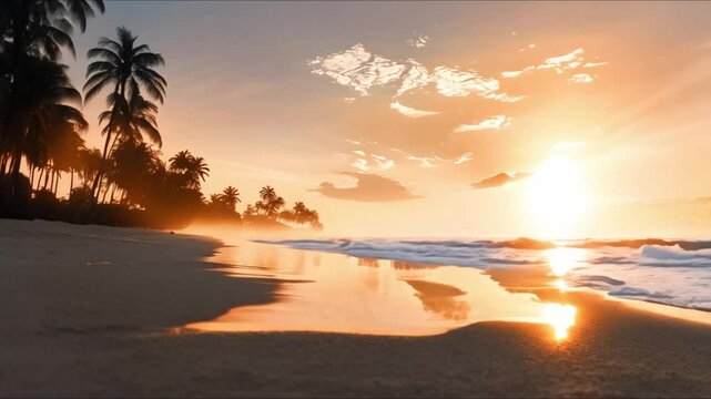 Chill lofi beats radio music with coconut tree beach timelapse animation in the background. Concept Lofi Beats, Chill Music, Coconut Tree Beach, Timelapse Animation, Relaxing Atmosphere