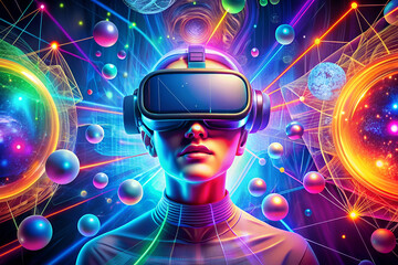 A woman is wearing a virtual reality headset and looking at a colorful background. The background is filled with many different colored spheres, creating a sense of depth and dimension