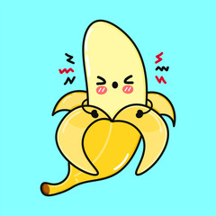 Cute angry Banana character. Vector hand drawn cartoon kawaii character illustration icon. Isolated on blue background. Sad Banana character concept