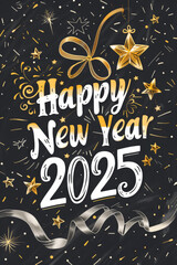 Festive Happy New Year 2025 with Gold Stars and Ribbons