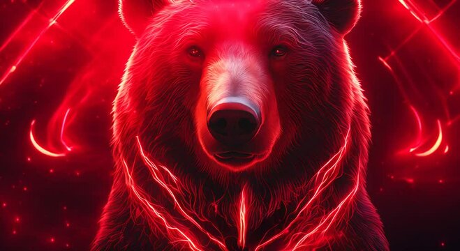Bear by glowing supernatural red energy aura power on black backdrop 4k animation