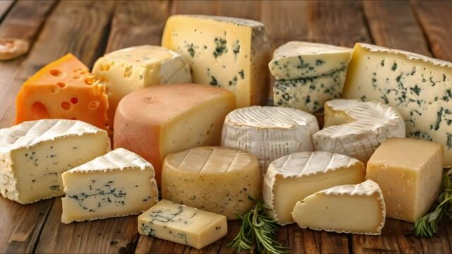 Assorted Cheeses on a Wooden Table: A Close-Up of International Specialties. Concept Cheese Presentation, Wooden Table Setting, International Specialties, Close-up Photography