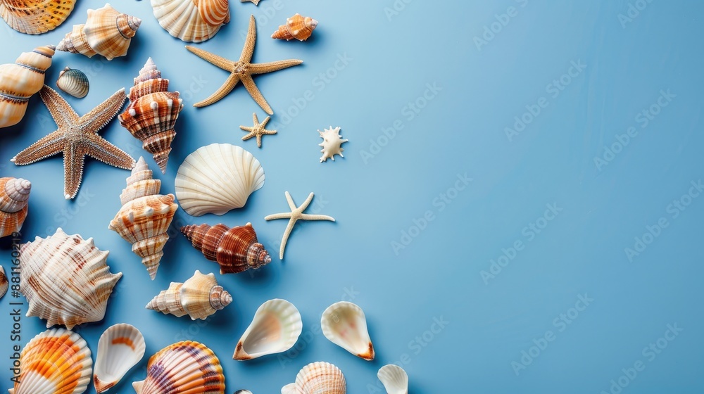 Poster various seashells on blue background from above ample space for text