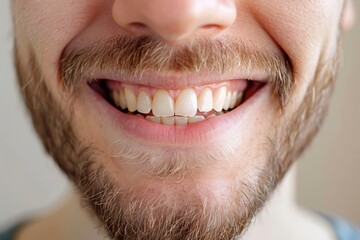 Fototapeta premium A close-up of a man's smile, showing off his pearly white teeth and a hint of a beard.