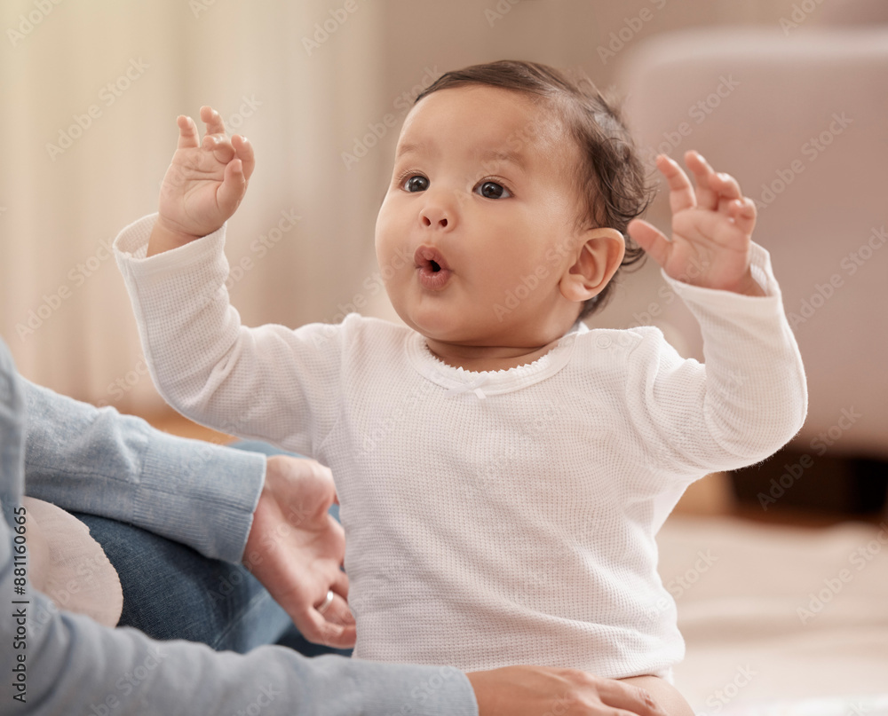 Sticker Baby, excited and hands of mom in home for development, motor skills and bonding in living room. Mother, infant and dress for day with care, energy and trust in parent for wellness and security