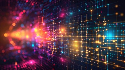 Obraz premium Abstract digital background with colorful glowing lines and dots forming a network pattern