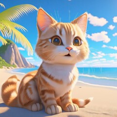 Obraz premium Cute Orange Kitten Enjoying Beach Sun