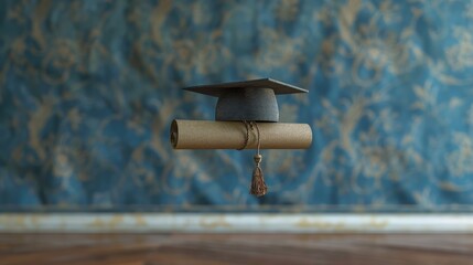 Floating graduation cap with a diploma background