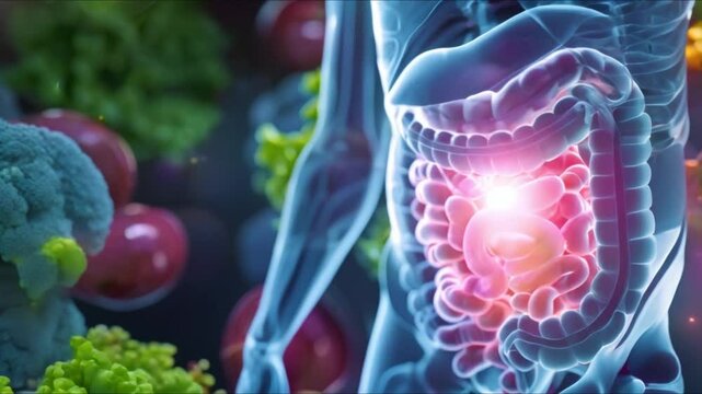 Illustration of digestive system showing effects of chronic inflammation on nutrient absorption and food processing. Concept Digestive System, Chronic Inflammation, Nutrient Absorption