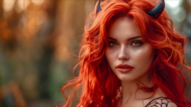 Stunning woman with fiery red hair rocks Halloween as a devil. Concept Halloween Makeup, Devil Costume, Fiery Red Hair, Stunning Woman, Spooky Photoshoot