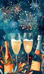 New Year winter illustration with glasses of champagne, Christmas card in vintage style, drawing for postcard