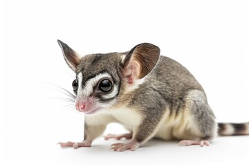 Fototapeta premium the beside view of a Sugar Glider, left side view, white copy space on right, dutch angle view, isolated on white background