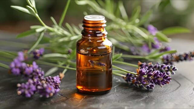 Glass bottle of lavender essential oil with fresh lavender flowers for aromatherapy. Concept Aromatherapy, Lavender Oil, Essential Oils, Relaxation, Natural Remedies