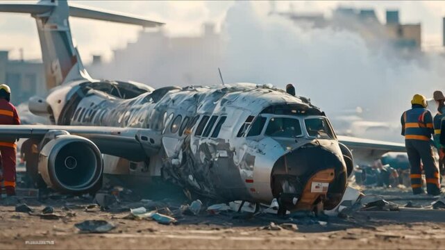 An airport tragedy scene with a crashed passenger plane and emergency responders. Concept Aviation Disaster, Emergency Response, Airport Tragedy, Crash Scene Reconstruction, Passenger Plane Accident