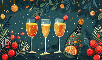 New Year winter illustration with glasses of champagne, Christmas card in vintage style, drawing for postcard