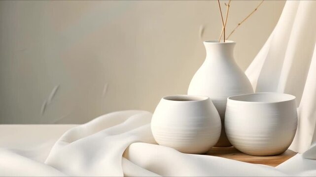 Capturing Minimalist Ceramics with Geometric Layers on White Fabric Using Nikon D. Concept Minimalist Ceramics, Geometric Layers, White Fabric, Nikon D