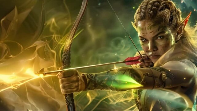 An elf woman with a bow and arrow in an action movie scene. Concept Fantasy, Archer, Action Movie, Elf Woman, Bow and Arrow