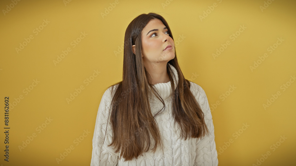 Poster Pensive young hispanic woman in white sweater over isolated yellow background, looking away.