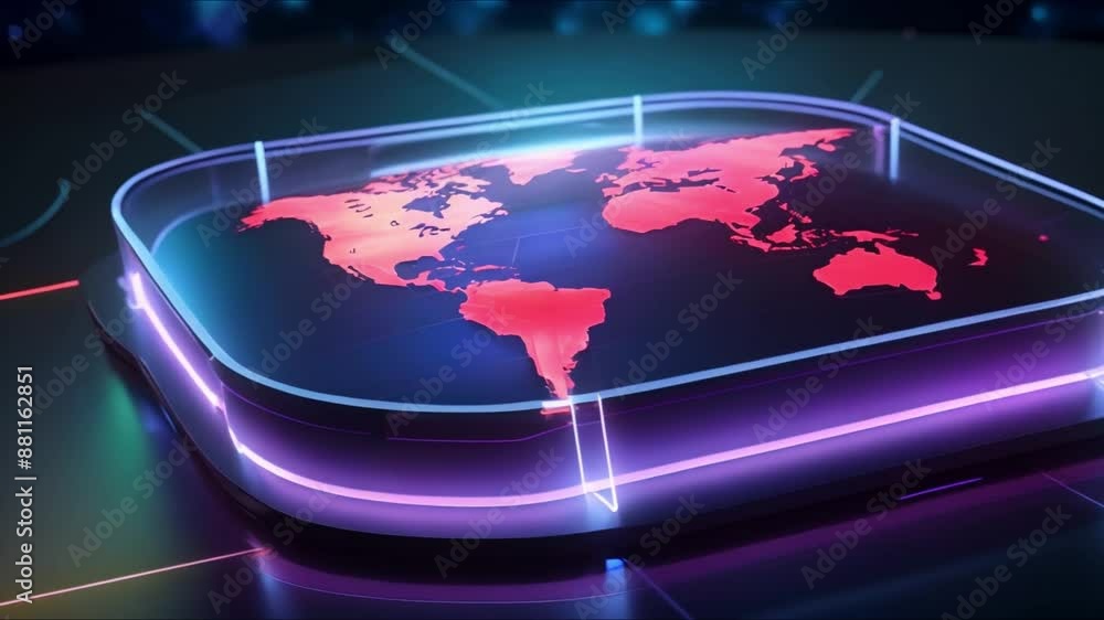 Poster real-time holographic world map in control center with live global system updates. concept holograph