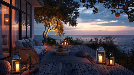 Un patio en bois au bord de la mer, éclairé par des lanternes et orné de coussins.
