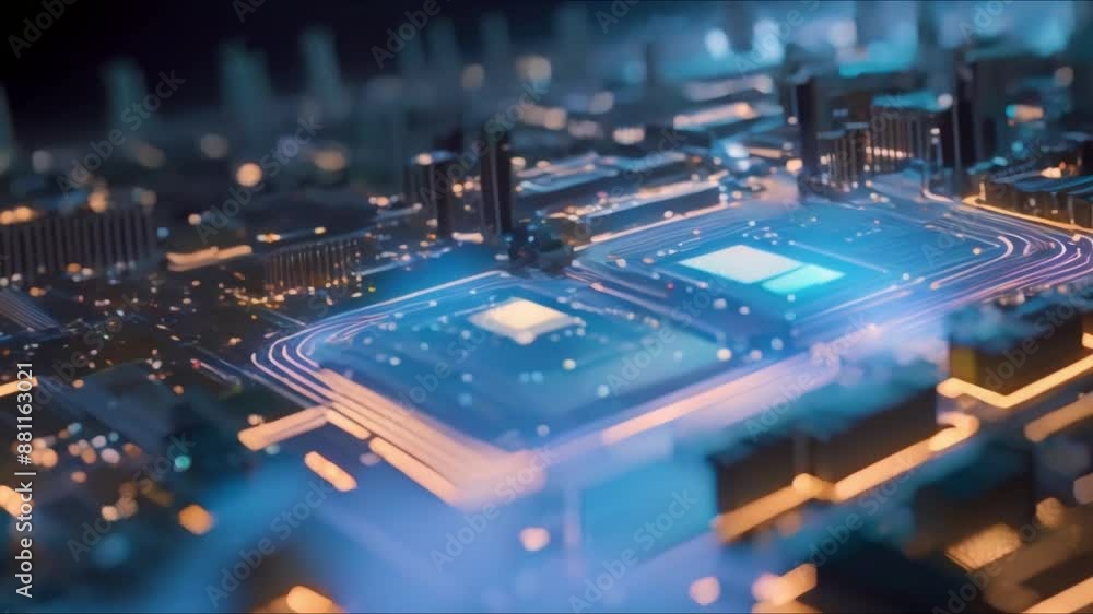 Poster creating a cyber-themed design with a futuristic smart city circuit board background. concept cyber-