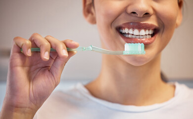 Hygiene, woman and smile for brushing teeth for oral wellness, healthcare and orthodontics in home....