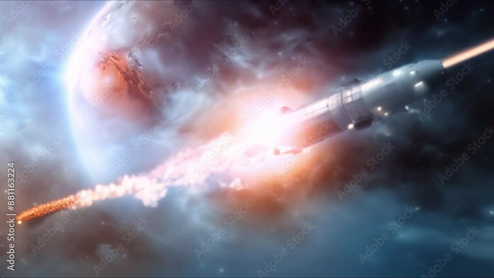 Poster rocket spacecraft launches with fiery propulsion towards the planet mars in outer space. concept spa