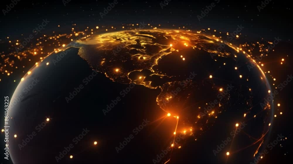 Poster a complex global network depicted with golden nodes and illuminated lines symbolizing worldwide inte