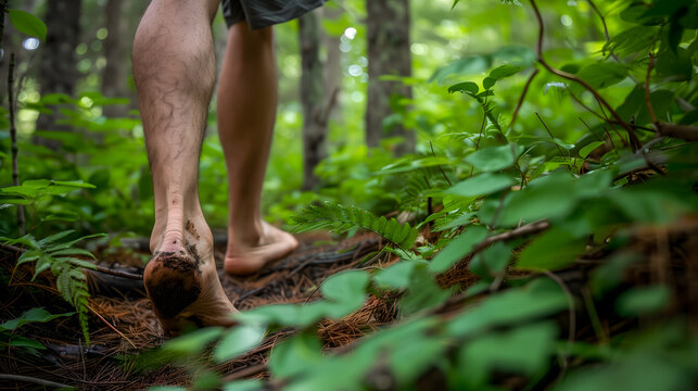 Une personne marchant pieds nus sur un sentier forestier couvert de feuilles et de terre humide.