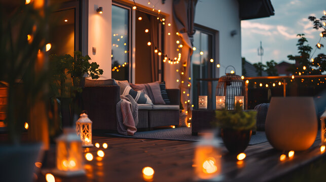 Une terrasse &eacute;clair&eacute;e par des guirlandes lumineuses et des bougies.
