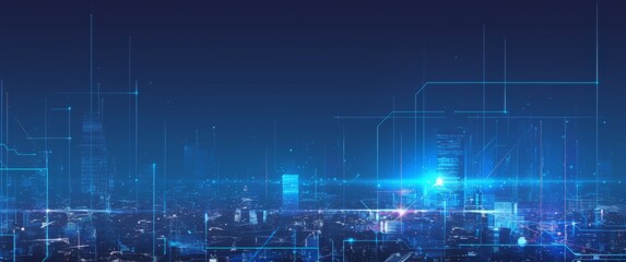 Naklejka premium Abstract Blue Technology Background with Glowing Cityscape and Business Charts