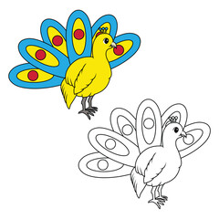 Peacock Cartoon Line Art Vector Illustration