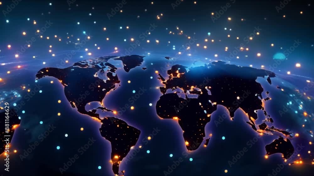 Poster visualizing global network connections in a futuristic technology background. concept technology, gl