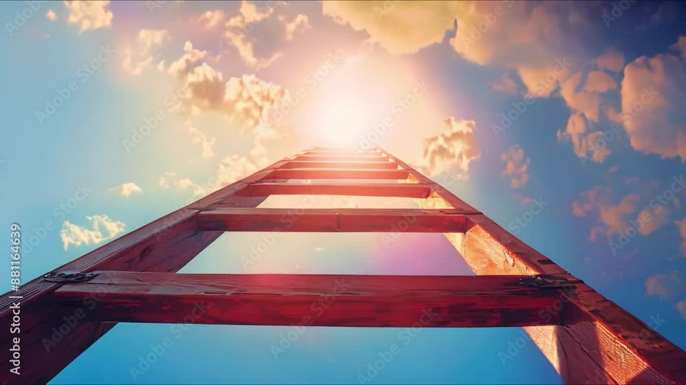Poster symbolic representation of progress and freedom with abstract ladder reaching bright light. concept 