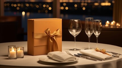 Elegant wedding menu invitation card mockup on luxurious dining table setting in a fine restaurant