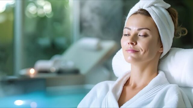 Middleaged woman in white bathrobe radiating joy enjoys spa treatments. Concept Spa Day, Middle-aged Woman, White Bathrobe, Joyful, Wellness
